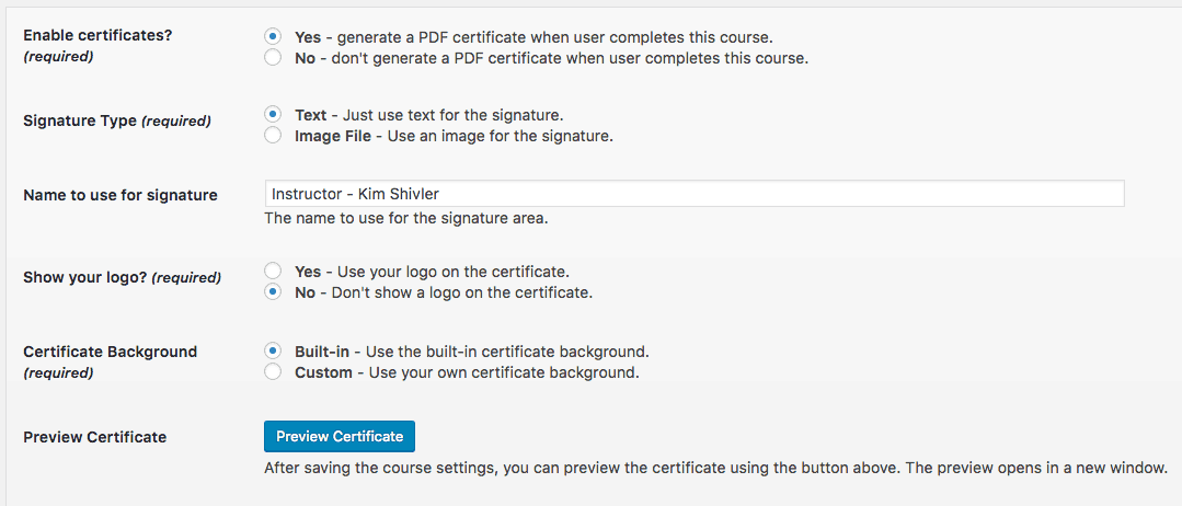 Screengrab of WPCourseware Certificate Configuration Screen