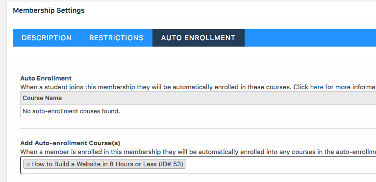 Screengrab of LifterLMS Membership Screen to Autoenroll Students into a Course