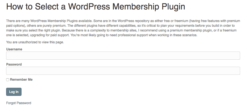 Screengrab of a membership controlled post allowing a free preview of the content.